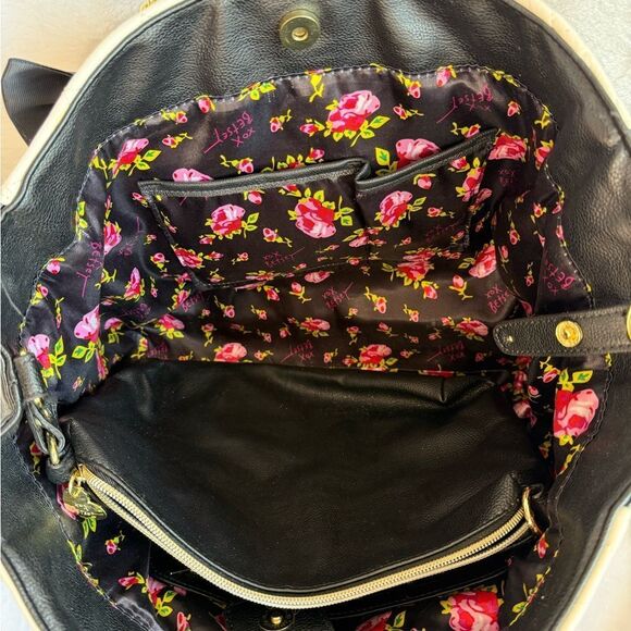 Betsey Johnson Black and White Floral Tote with Metal Embellishments - Picture 8 of 12